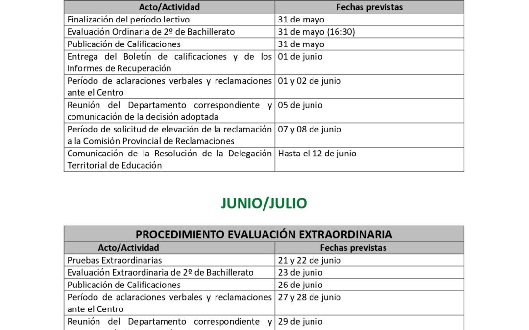EXTRACTO DEL CALENDARIO FINAL DE CURSO 2022-2023.